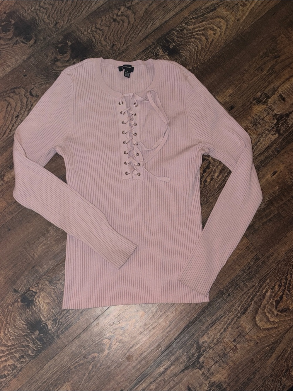 INC International Concepts Lace-Up Ribbed Top - Light Pink, Super Stretchy, XL